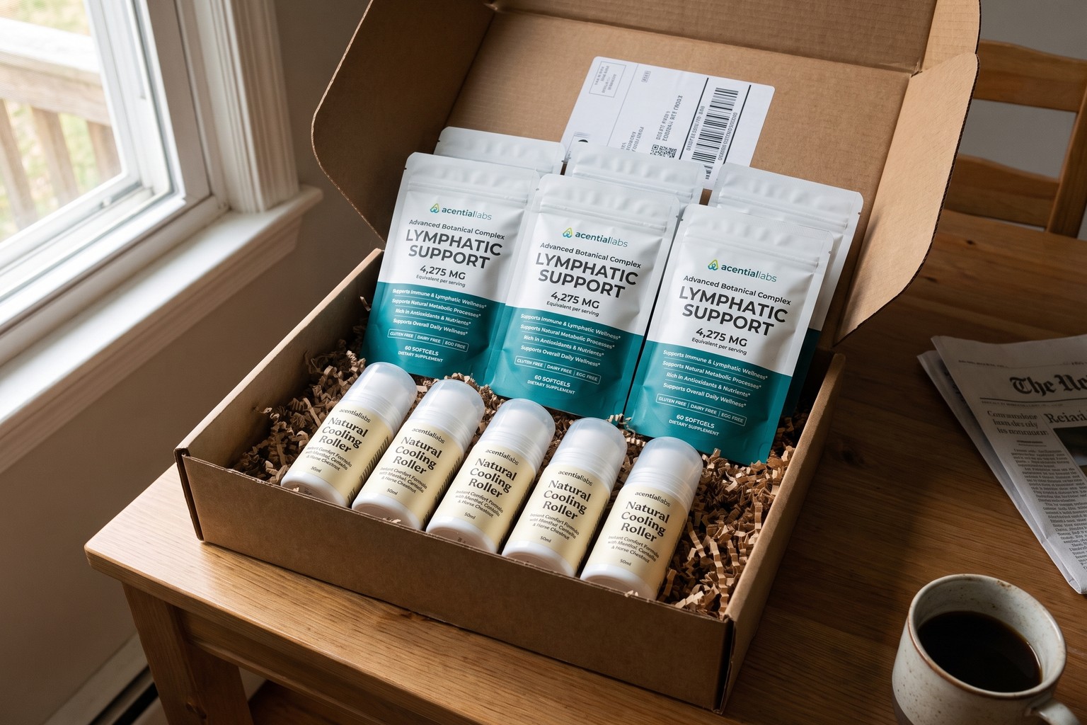 Your open shipping box on the kitchen table with five Natural Cooling Rollers and six Lymphatic Support pouches