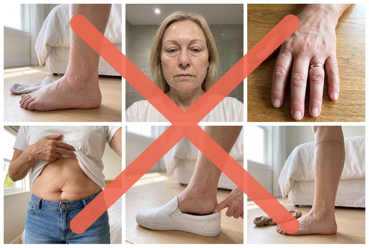 Swollen ankle with a sock dent, puffy morning face, a ring stuck on a swollen finger, a waistband cutting into the belly, a shoe that will not go on and a swollen calf with a sock line, all crossed out in red