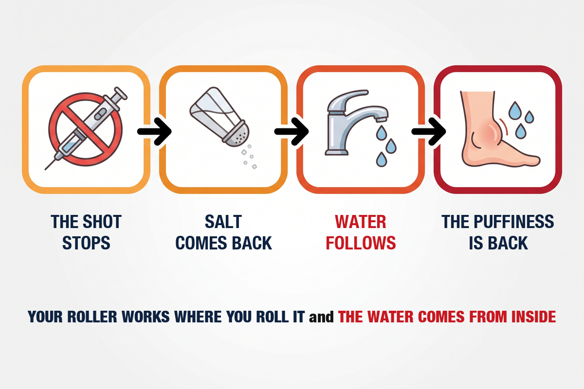 The shot stops, salt comes back, water follows, the puffiness is back. Your Roller works where you roll it and the water comes from inside